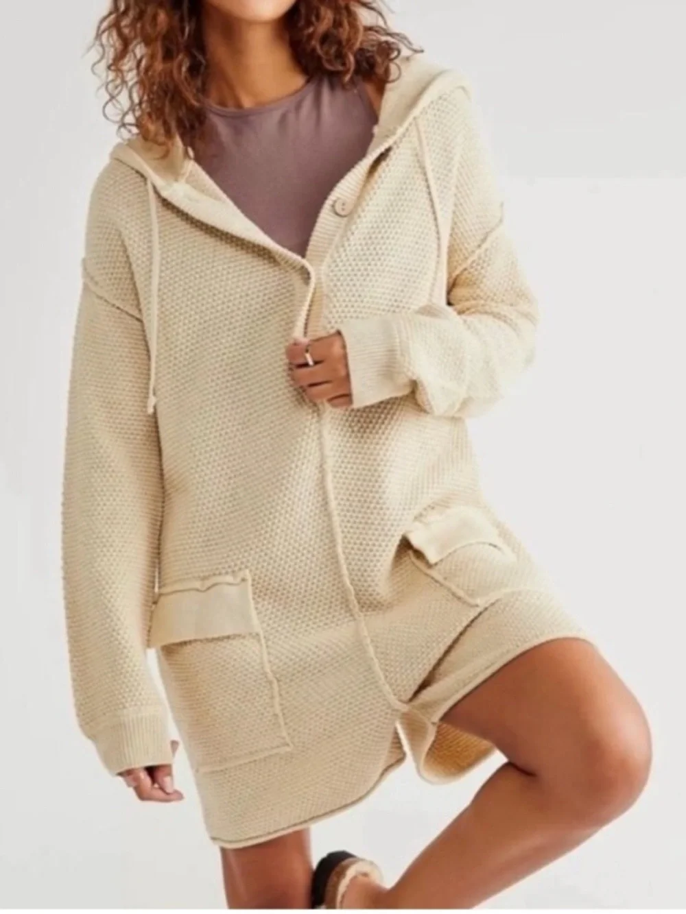Free People Cream Knit Hooded Romper